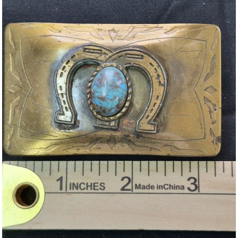 Vtg Rare Mid Century Brass & Turquoise Engraved Horseshoe Belt Buckle Southwest